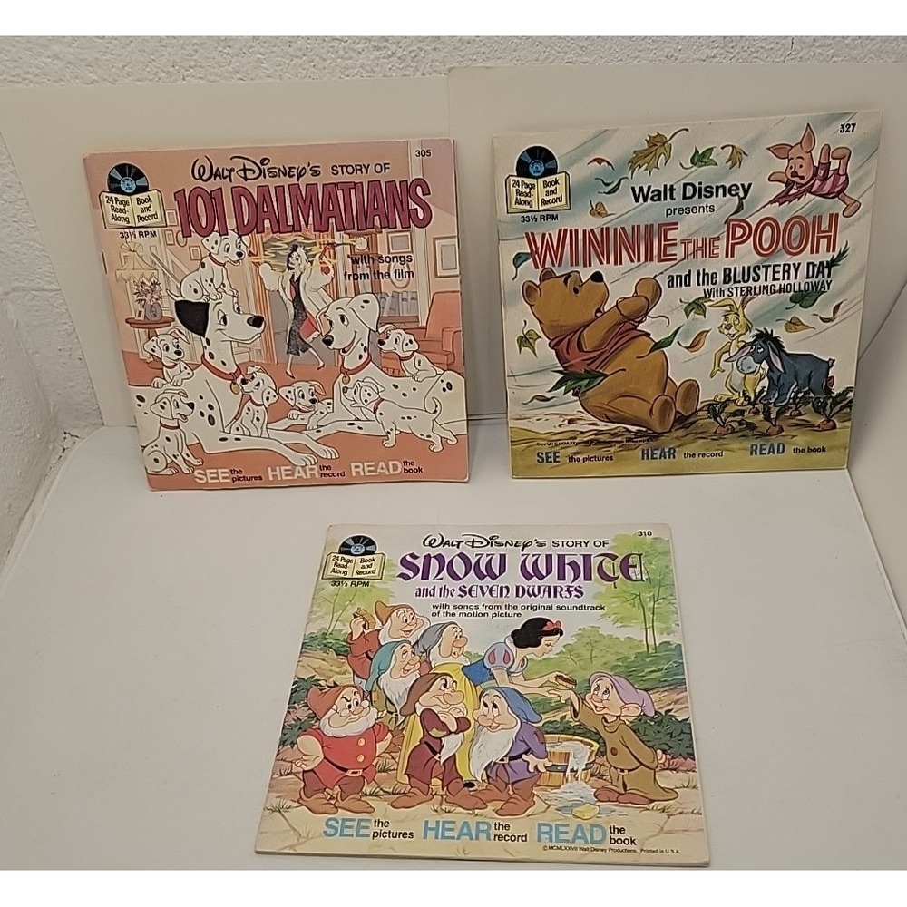 Vintage Walt Disney Read Along Book Record Lot 3 Snow White Pooh 101 Dalmatians